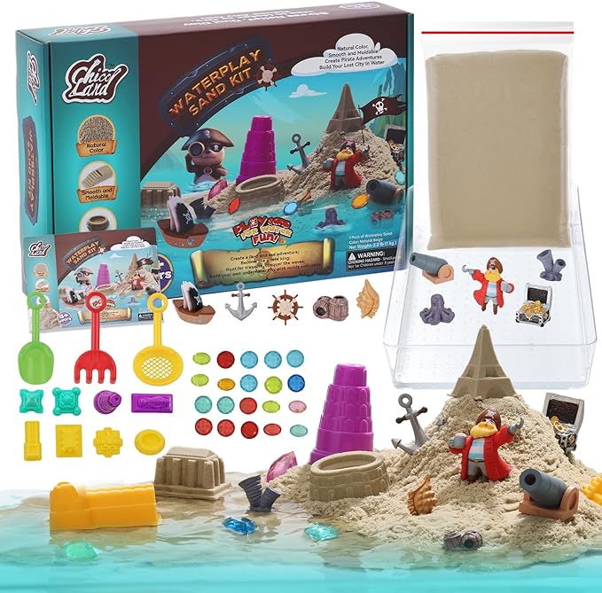 Waterplay Sand Kit - Pirate Adventure Sensory Sand for Water Play, Build Underwater Cities, 2.2lb Sand, Pirate Accessories, Molds, Gems, Tray & Tools, Toy Gift for Kids Ages 4+