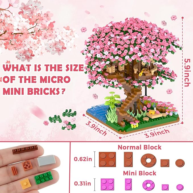 Peach Blossom Pond Micro Building Blocks Set Toys for Kids and Adults, Mini Cherry Bonsai Tree House with LED String Lights DIY Japanese Sakura Street Model Chinese Bricks Architecture Kit Teens Gift