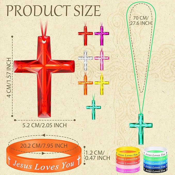 PerKoop 80 Pcs Christian Gifts Include Jesus Loves You Silicone Bracelets and Plastic Cross Necklace for Christian Party Favors