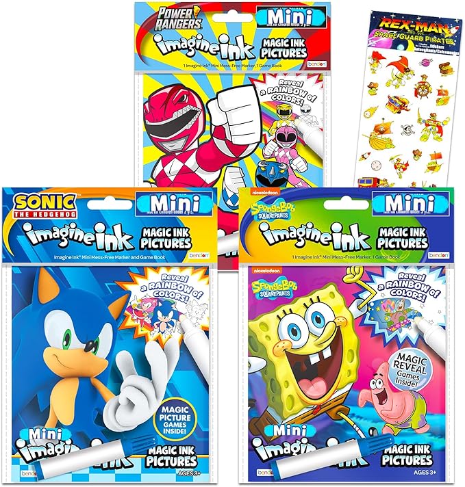 Mess Free Coloring Book Set for Kids Boys - Bundle with 3 Imagine Ink Coloring Books with No Mess Invisible Ink Pens Featuring Sonic the Hedgehog, Power Rangers, Spongebob