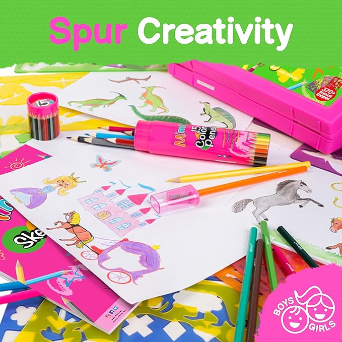 Drawing Stencil Kit for Kids, 60 PC Art Set with 370+ Shapes, Sketch Pad, and Colored Pencils for DIY Arts and Crafts for Boys and Girls, Draw with Letter, Animal and Car Stencils, Pink