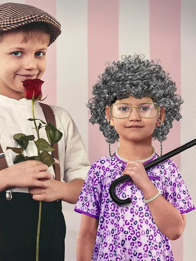 Old Lady Costume for Kids, Girls 100 Day of School Cosplay Black White Curly Wig Cap Glasses Cane Necklace Bracelet