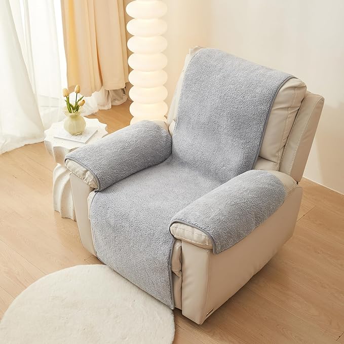 vctops Sherpa Fleece Recliner Chair Cover Super Soft Warm Plush Sofa Slipcover Furniture Protector Non Slip Washable Reclining Chair Cover for Kids, Pets (Light Grey,30"x91")