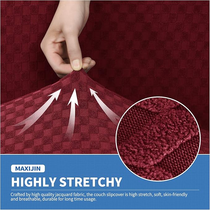 MAXIJIN 3 Piece Stretch Couch Covers for 2 Cushion Couch Sofa Slipcovers with 2 Extra Large Seat Cushion Couch Jacquard Loveseat Sofa Couch Cover for Dogs (2 Cushion Sofa, Wine Red)