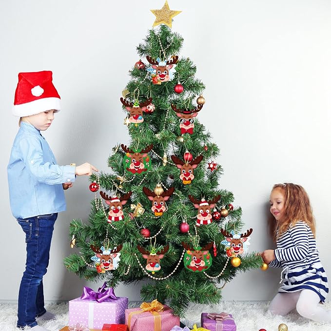 DIY Christmas Reindeer Tree Ornament Craft Kit for Kids Holiday Art Making Craft with Stickers, Make Your Own Xmas Reindeer Christmas Favor Decoration Home Classroom Party Game Activities