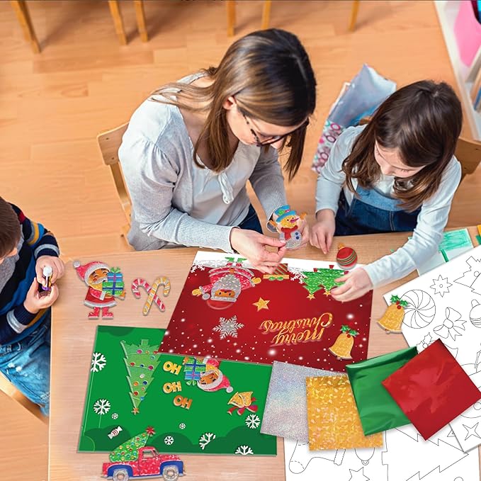 Vloso Christmas Fun Foil Art Kit for Kids,No Mess Art Creative Activity Travel Art and Crafts for Kids,Christmas Gifts Crafts for Girls&Boys Ages 4, 5, 6, 7, 8, 9(Christmas)