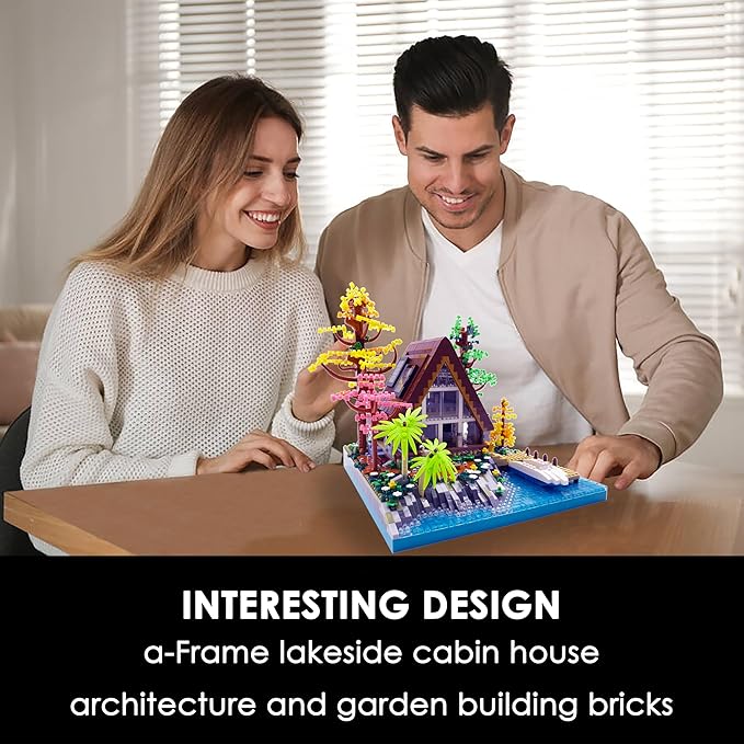 Alizdd Micro Building Blocks Sets，A-Frame Lakeside Cabin House Architecture and Flowers Garden Building Kit for Adults，Cute Toy Building Sets Model，Creative Mini Bricks Gift for Kids 14+，2688 PCS