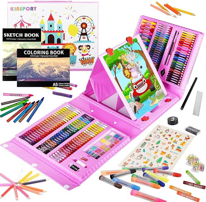 KINSPORY Art Supplies, 290 Pack Art Sets Crafts Drawing Coloring kit, Double-Side Trifold Easel, Oil Pastels, Crayons, Colored Pencils, Creative Gift for Beginners Artists Girls Boys Kids (Pink)