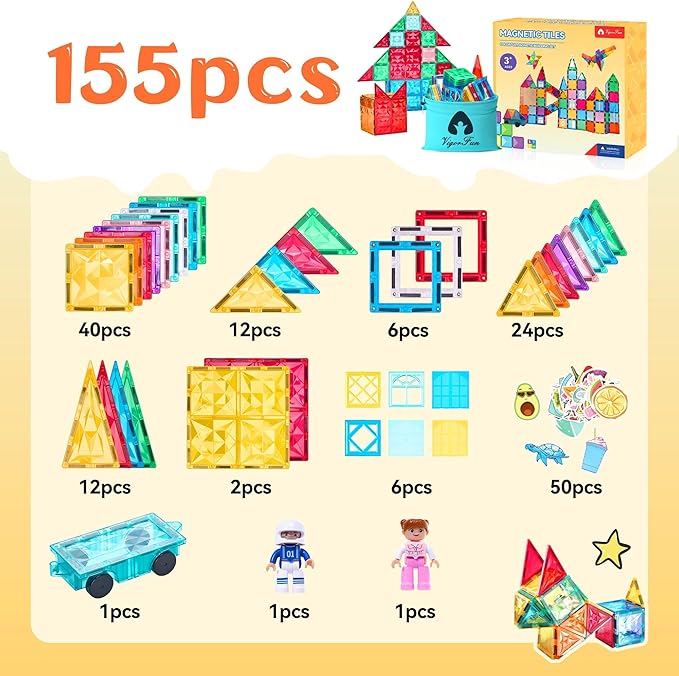 Magnetic Tiles Set, Magnet Tiles Building Blocks with Car Toy Figurines and Stickers, Construction Educational STEM Sensory Toys Gifts for 3 4 5 6 7 8 + Year Old Kids Toddlers Boys Girls