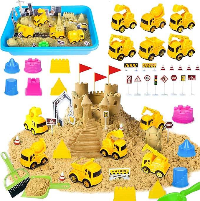Hymaz Construction Sensory Bin, 33 pcs Construction Toys Sensory Bins for Kids 2-4 5-7, Sandbox with lid Sand Castle Building kit, Kids Play Sand for Sandbox Toys, Sand Kit for Xmas Birthday Gift