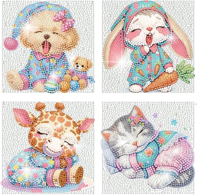 FQOVKYN 4 Packs Cute Animals Diamond Art Kits for Kids, DIY Cartoon Small Diamond Painting Kits for Kids Age 6-12, Diamond Art and Crafts Kits for Girls Boys Birthday Gift(6 * 6inch)