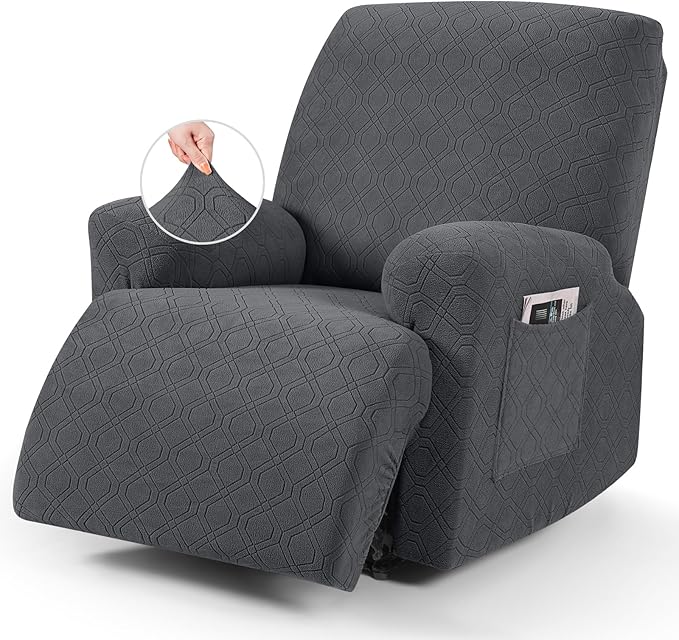 VANSOFY Oversized Recliner Chair Cover, 4-Pieces Stretch Recliner Covers for Recliner Chair Soft Reclining Chair Slipcover Jacquard Pattern Furniture Protector for Dogs Cats(Charcoal Gray)