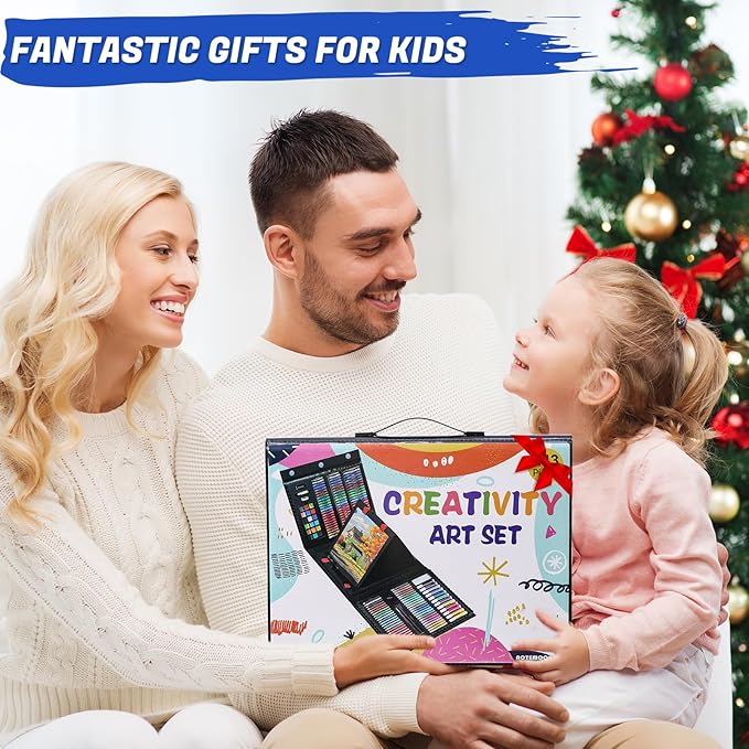 All in One Art Supplies, Art Kit Includes Easel, Origami Paper, Colored Pencils, Crayons, Drawing Book, Coloring Book, Watercolor Pens, Markers and Oil Pastels, Gifts for Girls Boys Teens, Black