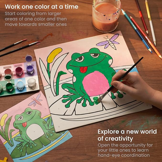 Arteza Kids Paint by Numbers Kit, 10" x 10", Pre-Printed Fairytale Canvas Painting Kit with 2 Canvases, 24 Acrylic Paint Pots, 3 Paintbrushes, Art Supplies for Developing Hand-Eye Coordination, Frog