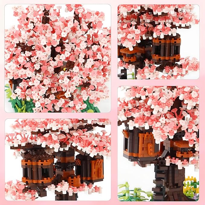 Cherry Blossom Bonsai Tree House Building Blocks Set Plants Pink Flowers Treehouse Architecture Micro Mini Block Gift for Adults and Children 1500 Pieces