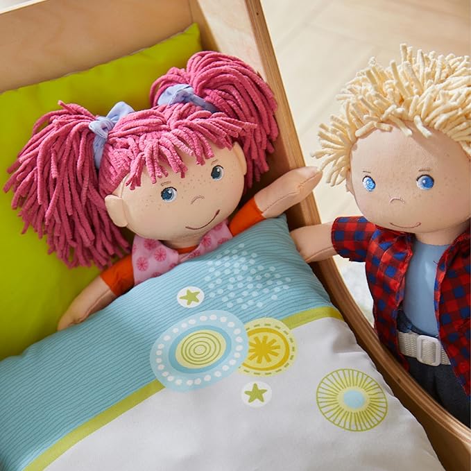 HABA Lilli-Lou 12" Soft Doll with Pink Hair in Pigtails, Blue Eyes & Embroidered Face, Machine Washable Baby Doll for Ages 18 Months+