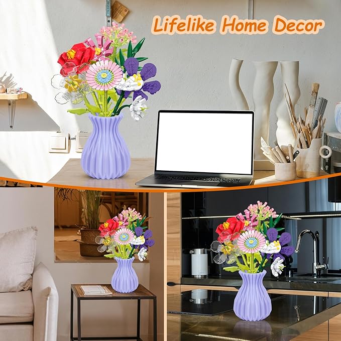 Flowers Bouquet Building Set with Vase, 8 Artificial Flowers Bouquet Set for Adults, Kids, Boys, Girls, Idea Gifts for Mother's Day, Birthdays, Creative DIY Plant Bouquet Decoration Botanical, 730PCS
