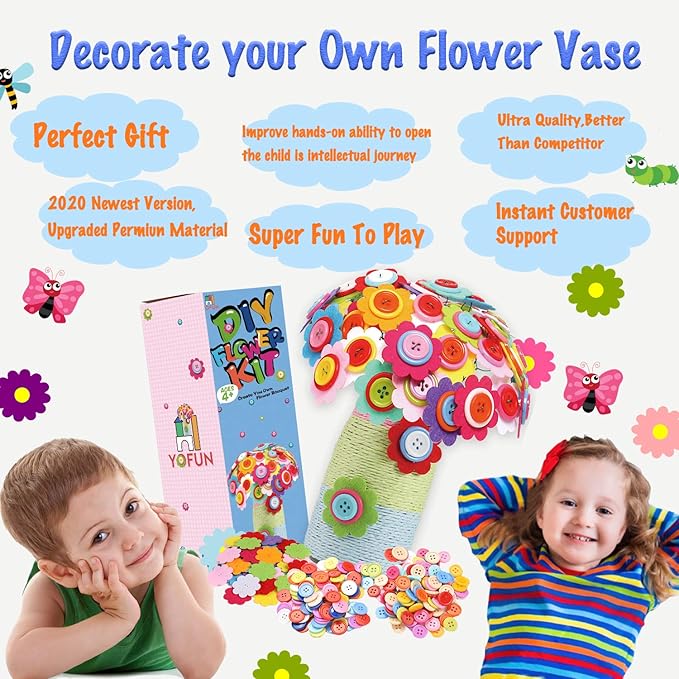 YOFUN Flower Craft Kit for Kids - Make Your Own Flower Bouquet with Buttons and Felt Flowers, Vase Art Toy & Craft Project for Children, DIY Activity Gift for Boys & Girls Age 4 5 6 7 8 9 Year Old