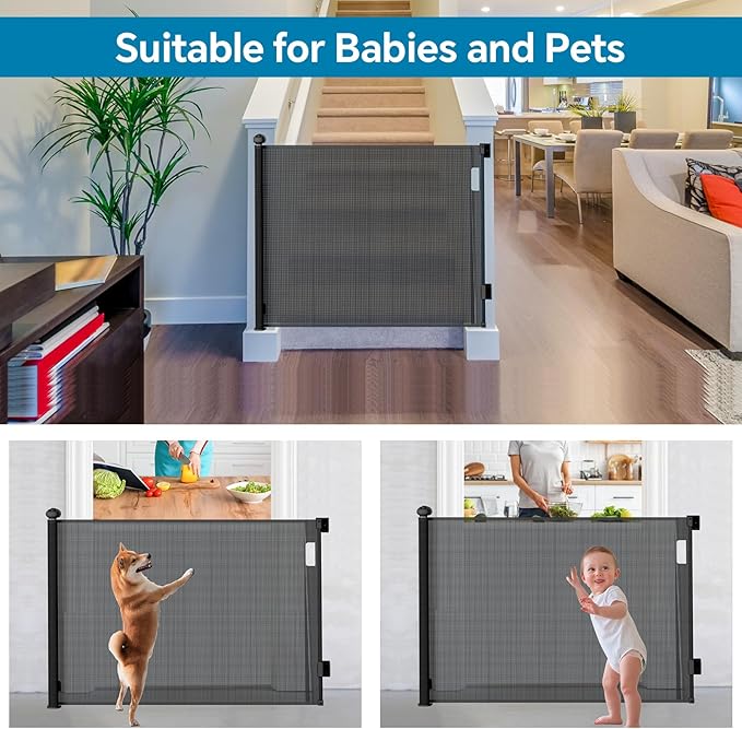 Bulubaky Extra Tall Safety Retractable Baby Gate Adjustable Wide Retractable Dog Gate Mesh Baby Gate Child Gate for Doorway, Hallway, Stair Gates for Kids or Pets (Black, 42" Tall x 71")
