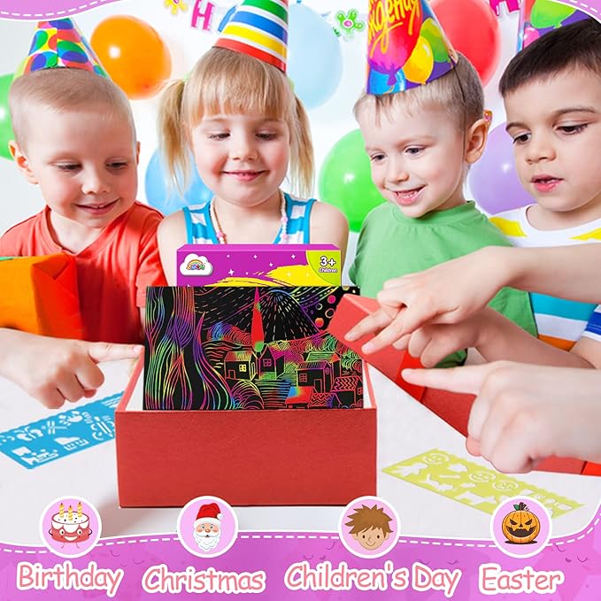 ZMLM Scratch Art Paper Kit: 50pcs Magic Scratch Papers Craft Set 5 Bright Color Drawing Bulk Supplies for Age 3 4 5 6 7 8 Year Old Boy Girl Kid Toy Gift for Birthday Christmas Halloween