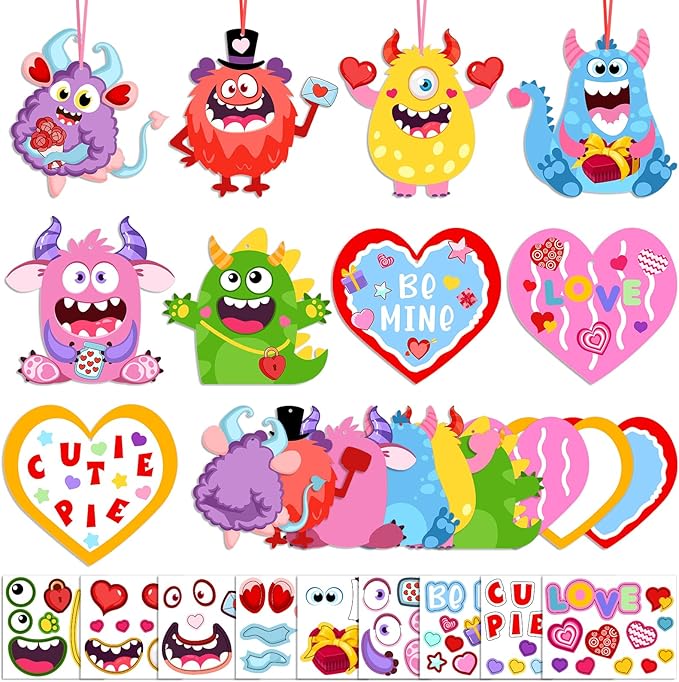45 Pack 24 Sets Valentine's Day Craft Kits for Kids, DIY Craft Ornament Valentine Class Game Activities Paper Craft Hanging Ornament Valentine's Day Decoration Preschool Home Valentine's Monster Craft
