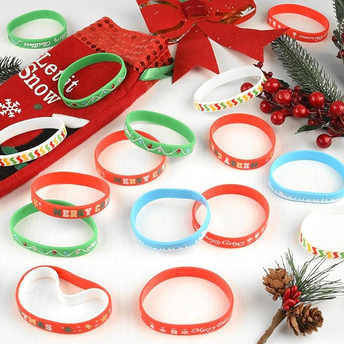 NEBURORA 24 Pack Christmas Wristband 6 Style Silicone Bracelet Wristbands Xmas Rubber Band for Christmas Party Decor 6 Merry Christmas Pattern Wrist Band Party Supplies