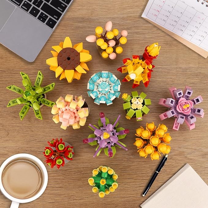 Succulents Flowers Botanical Collection Building Set, 12 Exquisite Succulent Bonsai Plants Home Office Decor, Compatible with Lego, Creative Ideal Gift Toy for Adults Girls Boys