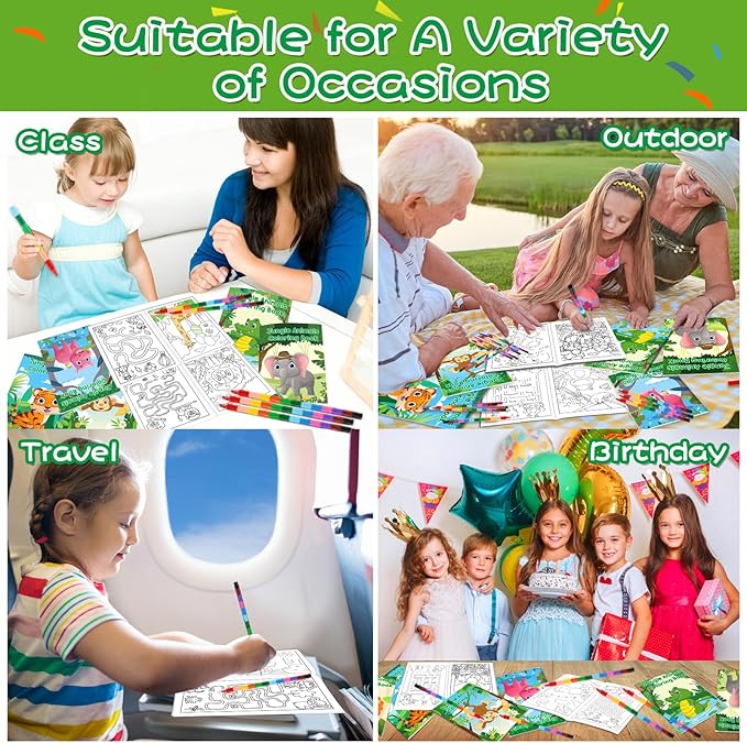 Lionoble 24Pcs Jungle Safari Animals Coloring Books for Kids with 24 Stacking Crayons Mini Coloring Book Party Favors Bulk Gifts Small Activity Books for Birthday Party Goodie Bags Stuffer Classroom