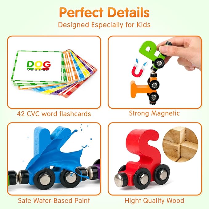 Vanmor 27 PCS Magnetic Wooden Alphabet Train Sets | ABC Letter Learning Toy Trains with 42 PCS Flash Cards, 1 Engine, 1 Storage Bag | Toddlers Kids Boys Girls Educational Toys for 3 4 5 6 7 Years Old