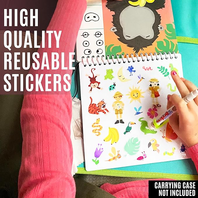 Kids Small Size Travel Educational Activity Books with Washable Markers (7"x7") - Car and Airplane Activities - Search and Find, Reusable Stickers for Ages 4, 5, 6 (Jungle & Princess)