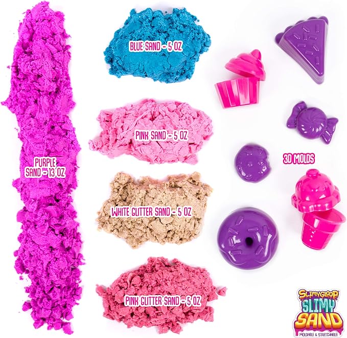 Sweet Treats, 2 Pounds of SlimySand in 5 Colors (Pink Glitter, White Glitter, and Pink, Blue and Purple), 6 3D Molds & Reusable Box For Play. Super Stretchy & Moldable Cloud Slime!