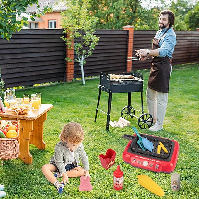 Kids Grill Playset,Kids Play Food with Water Activated Color Changing Toys, Simulation Cooking Toy with Water, Kitchen Toy for Toddler Child Girl Boy 3 4 5 6 Year Old - Red