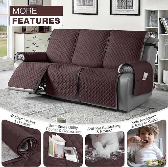 TAOCOCO Waterproof Recliner Couch Cover Sofa Slipcover for 3 Cushion Couch, Pet Sofa Cover for 3 Seat Recliner, Washable Reclining Sofa Cover Furniture Protector with Straps(3 Seater, Coffee)