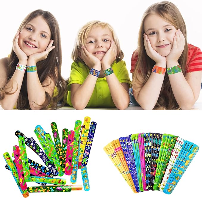 Viicoor 24 PCS Slap Bracelets Dinosaur Snap Bracelet Wrisrtband for Party Favors School Prizes Birthday Gifts Party Favors Bulk (10-Dinosaurs-24PCS)