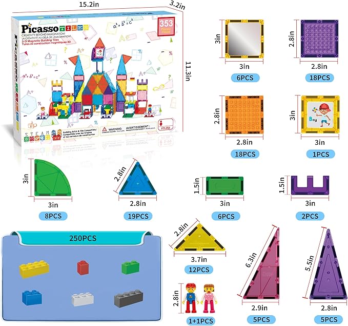PicassoTiles 353pcsMagnetic Brick Tile and Magnetic Tile Combo Set, Action Figures Included, Building Blocks STEM Toys, Educational Montessori Preschool Toddler Classroom Learning Toys, Kids Activity