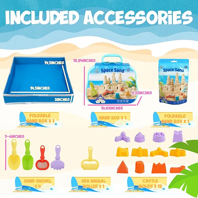 Play Sand Kit - Folding Sand Box with 1.1lbs Sensory Sand, Castle Molds & Foldable Tray - Sensory Bin Toys for Kids, Boys and Girls