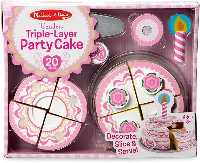 Melissa & Doug Triple-Layer Party Cake Wooden Play Food Set - Birthday Cake Pretend Food Play Set For Toddlers, Kids Ages 3+