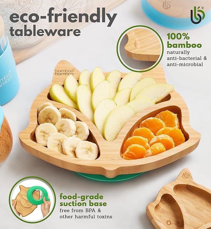 Bamboo Baby Plate with Suction - Kids and Toddler Suction Cup Plate for Babies, Non-toxic All-Natural Bamboo Baby Food Plate Stays Cool to the Touch for Baby-Led Weaning (Fox-Yellow)