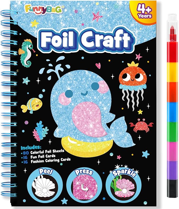 Foil Art Craft Activity for Kids: Fun DIY Toy Sticker Kit, No Mess Creative Travel Supply Set, Idea Birthday Easter Basket Stuffers Valentines Gift for Girl Boy Toddler 4 5 6 7 8 9 Year Old (Ocean)