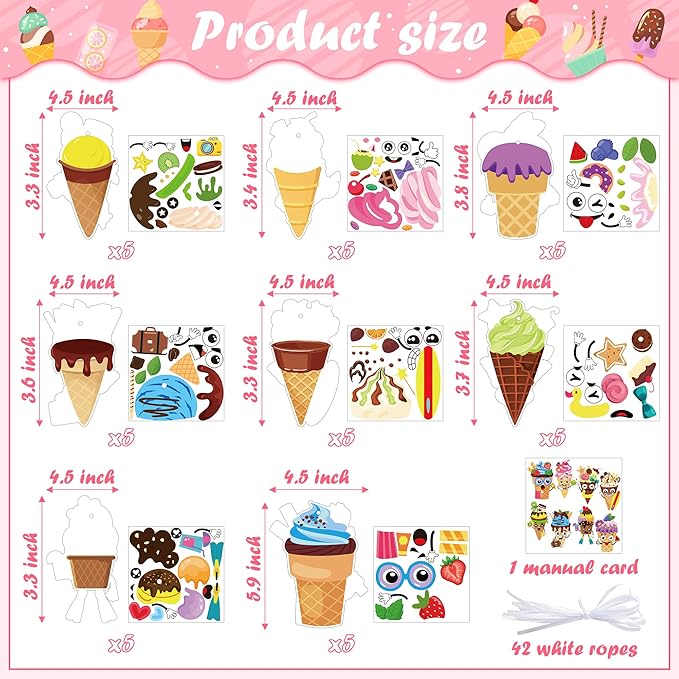 BeYumi Ice Cream Craft Kit - 123Pcs Summer Make Your Own Ice Cream Stickers Craft for Kids Summer DIY Waffle Cone Art Sticker Set School Classroom Home Game Fun Activities Art Supplies Decor