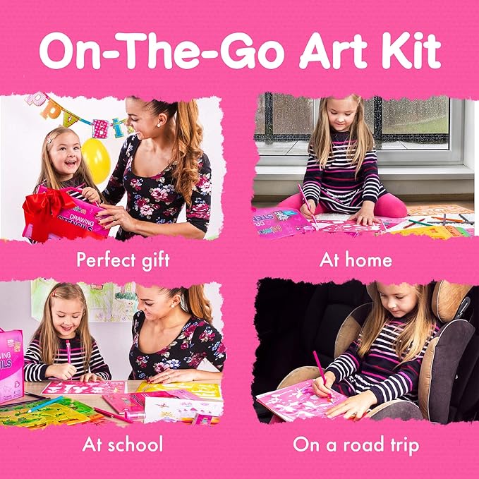 Mimtom Drawing Stencil Kit for Kids, 51 PC Art Set with 270+ Shapes, Sketch Pad, and Colored Pencils for Child's DIY Arts and Crafts, Draw with Princess, Fairies and Animal Stencils, Pink