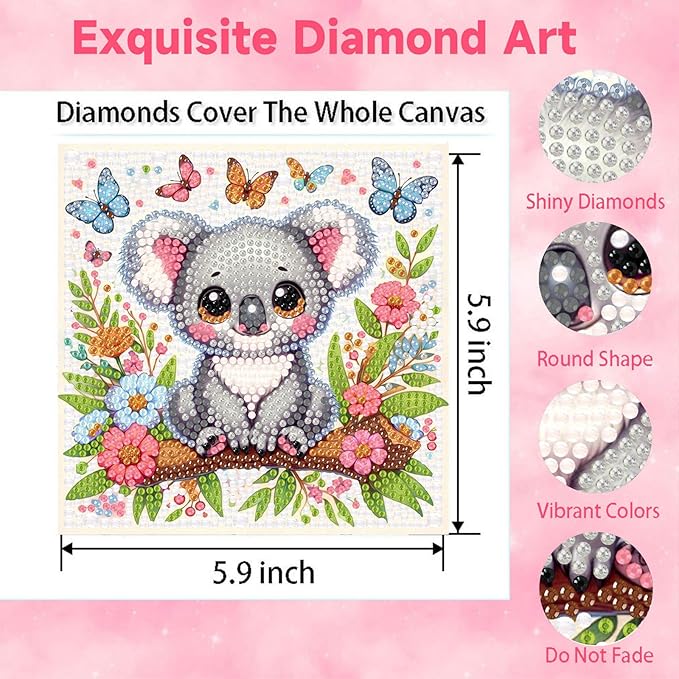Koala Diamond Art Painting Kits with Frame- Animals 5D Diamond Painting with Frame, Cute Gem Art Kits for Wall Decoration 7X7 Inch