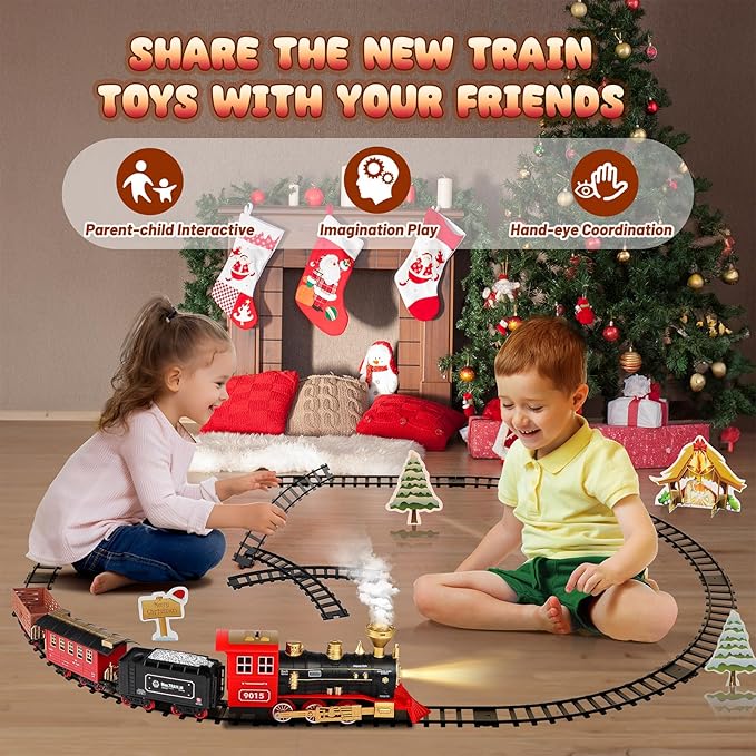 Hot Bee Train Set - Train Toys for Boys with Smokes, Lights and Sound, Toy Train Set for Under Christmas Tree, Toddler Model Trains for 3 4 5 6 7 8+ Years Old Kids Christmas Toys Gifts