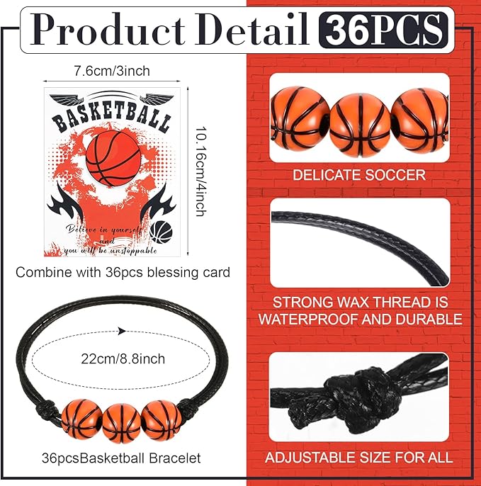 Yinkin 36 Pcs Basketball Gifts for Girls Team Boys Basketball Bracelet Valentines Jewelry Gifts Basketball Party Favors Charms Sports Fan Bracelet with Motivational Card Gift Bulk