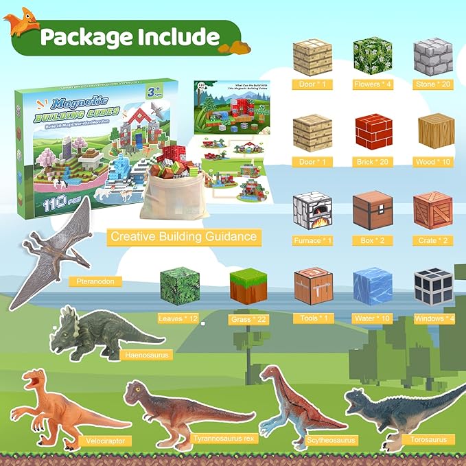 Magnetic Blocks 110PCS with 6 Dinosaur Toys, Building Blocks Set, Toys for Boys & Girls Age 4-6,6-8, Stacking Building Toys for Toddlers Kids 3+(Jungle & Dinosaur)