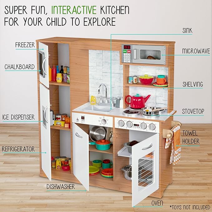 Lil' Jumbl Kids Kitchen Set, Pretend Wooden Play Kitchen, Battery Operated Icemaker & Microwave with Realistic Sound, Pots & Pan Included - Natural
