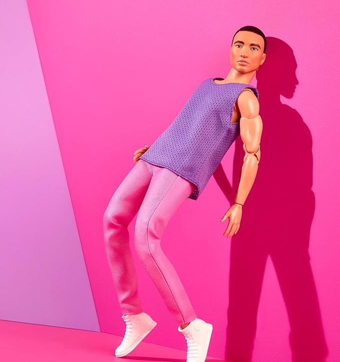 Barbie Looks Ken Fashion Doll with Black Hair Dressed in Purple Mesh Top & Pink Trousers, Posable Collectible with Made to Move Body