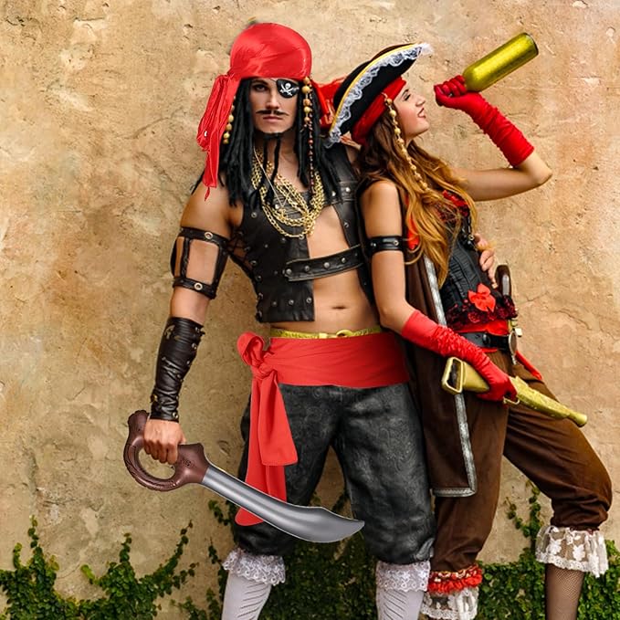 Halloween Pirate Costume Set, 8pcs Pirate Costume Accessories Including Eye Patch Red Kerchief Pirate Anchor Necklace Pirate Hook Red Cloth Belt Braided Bracelet for Kids Women