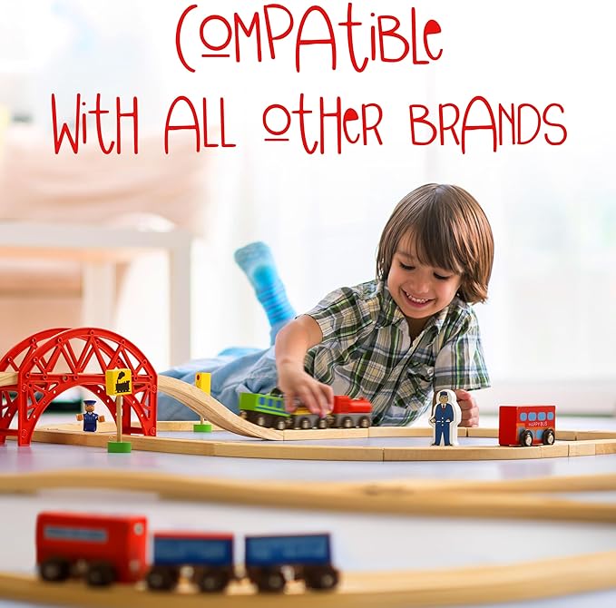 Wooden Train Tracks Set - 52 pcs+Bonus Railroad Map –Compatible W All Major Wooden Railway Toy Brands Including: Thomas The Train Track Set, Brio Train, Melissa and Doug Train Set for Kids 3+