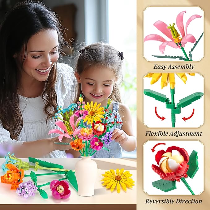 756 PCS Flower Bouquet Building Sets - 11 Kinds of Building Block Flowers, Botanical Collection Crafts Set for Home Office Decoration, Valentines Day for Adults Girl, No Vase